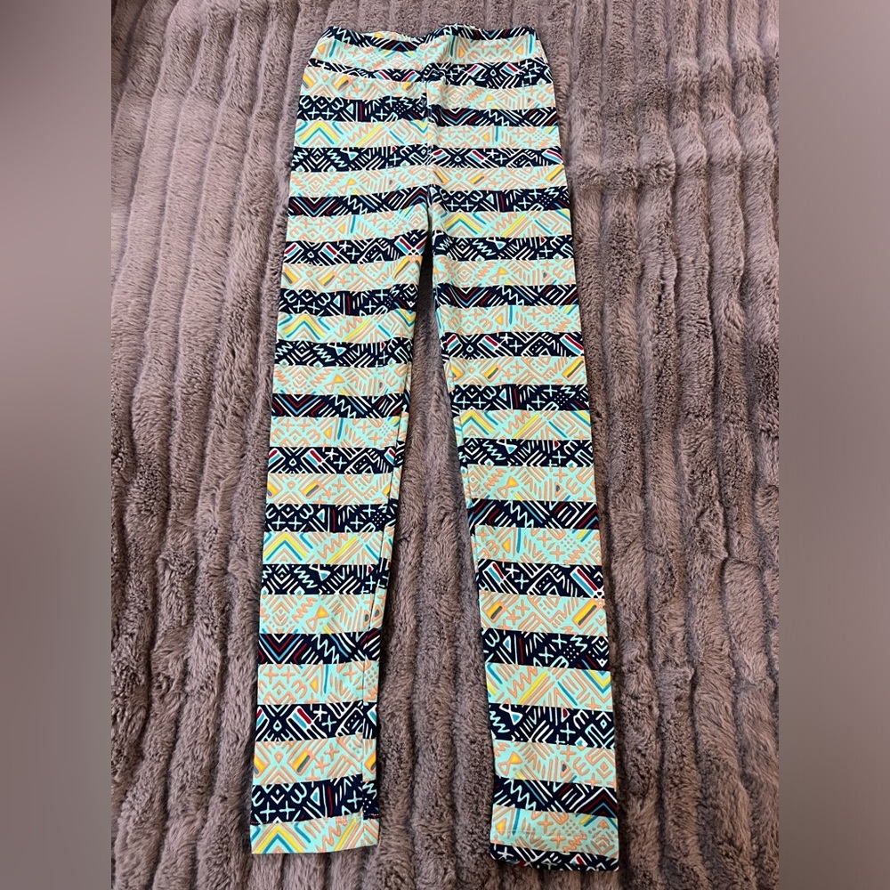 NWOT LuLaRoe Kids Leggings Large L/XL Striped Printed Blue Mint Buttery Soft